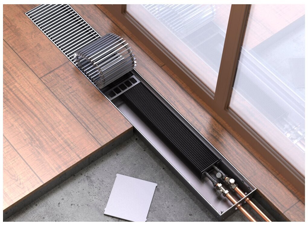 Внутрипольный конвектор КЗТО Бриз 260 х 80 х 1000 решетка цвет Алюминий с черными втулками