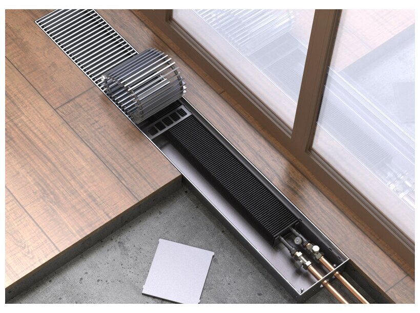 Внутрипольный конвектор КЗТО Бриз 200 х 80 х 1500 решетка цвет Алюминий с серыми втулками